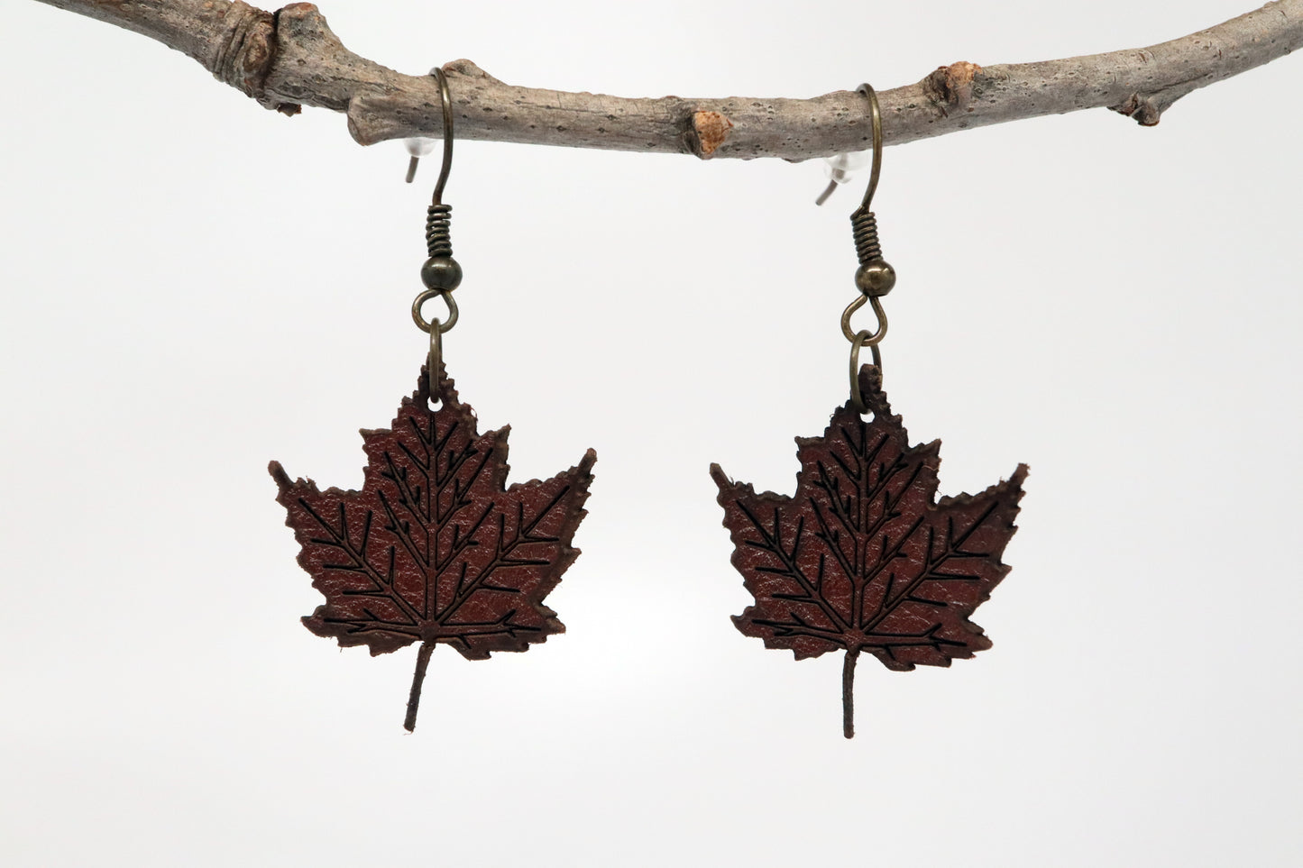 Dark Brown Faux Leather Maple Leaf Earrings