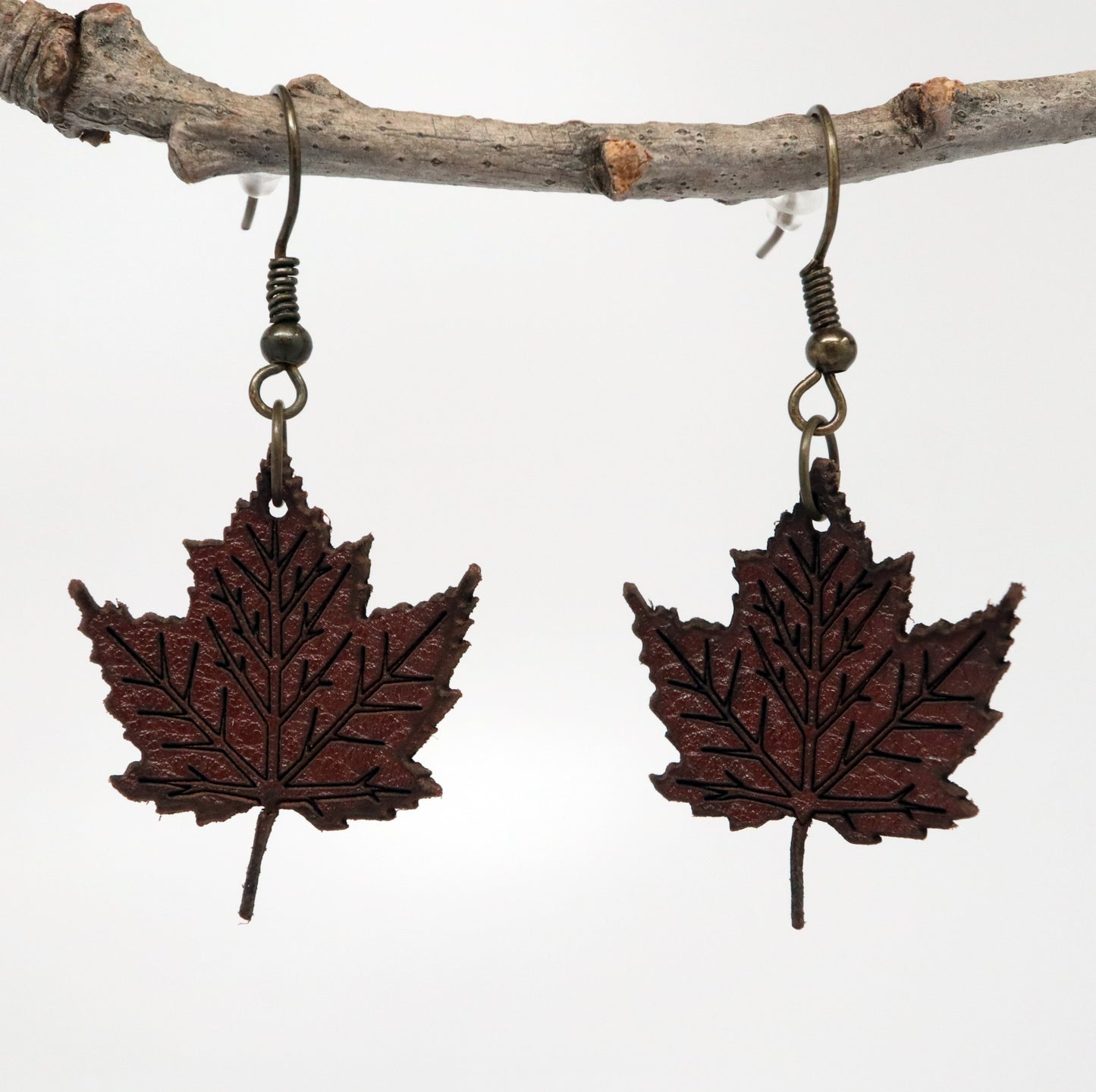 Dark Brown Faux Leather Maple Leaf Earrings