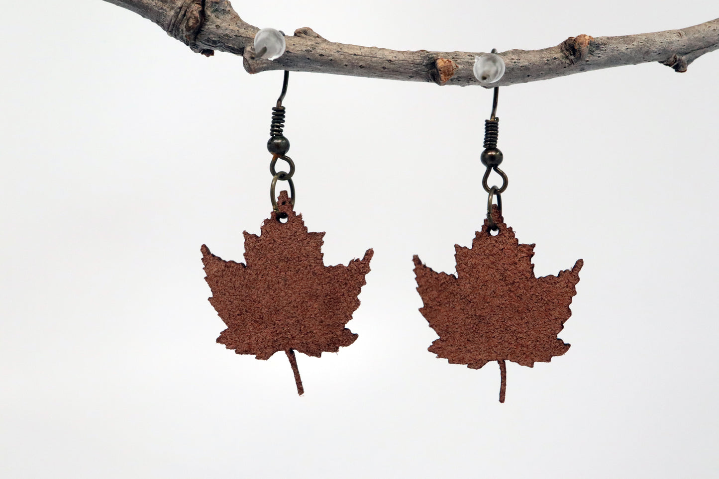 Dark Brown Faux Leather Maple Leaf Earrings