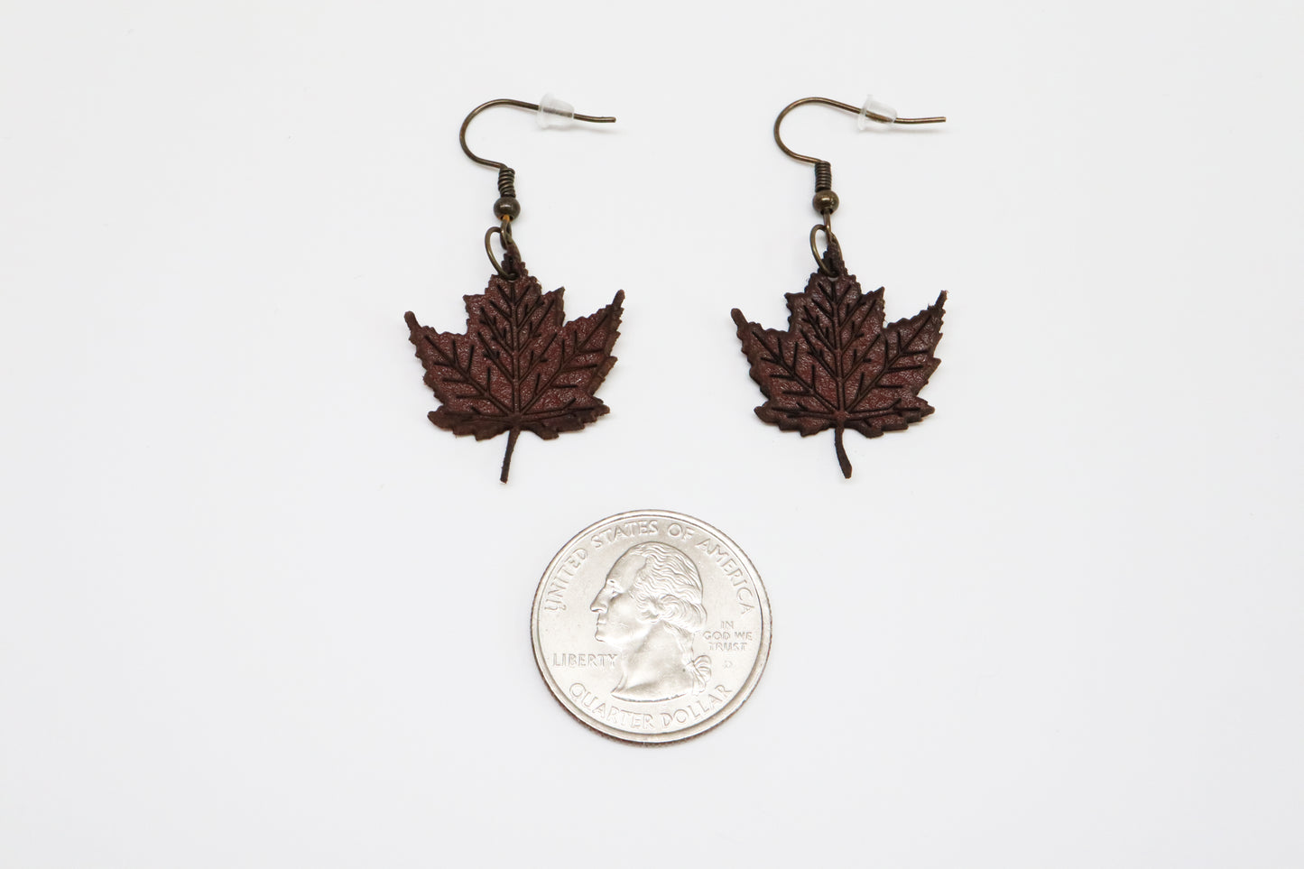 Dark Brown Faux Leather Maple Leaf Earrings
