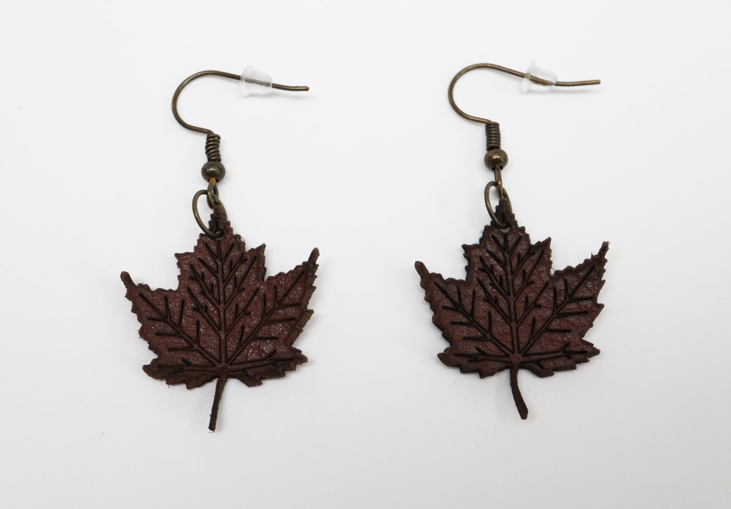 Dark Brown Faux Leather Maple Leaf Earrings