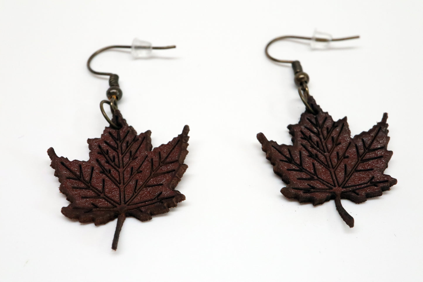 Dark Brown Faux Leather Maple Leaf Earrings
