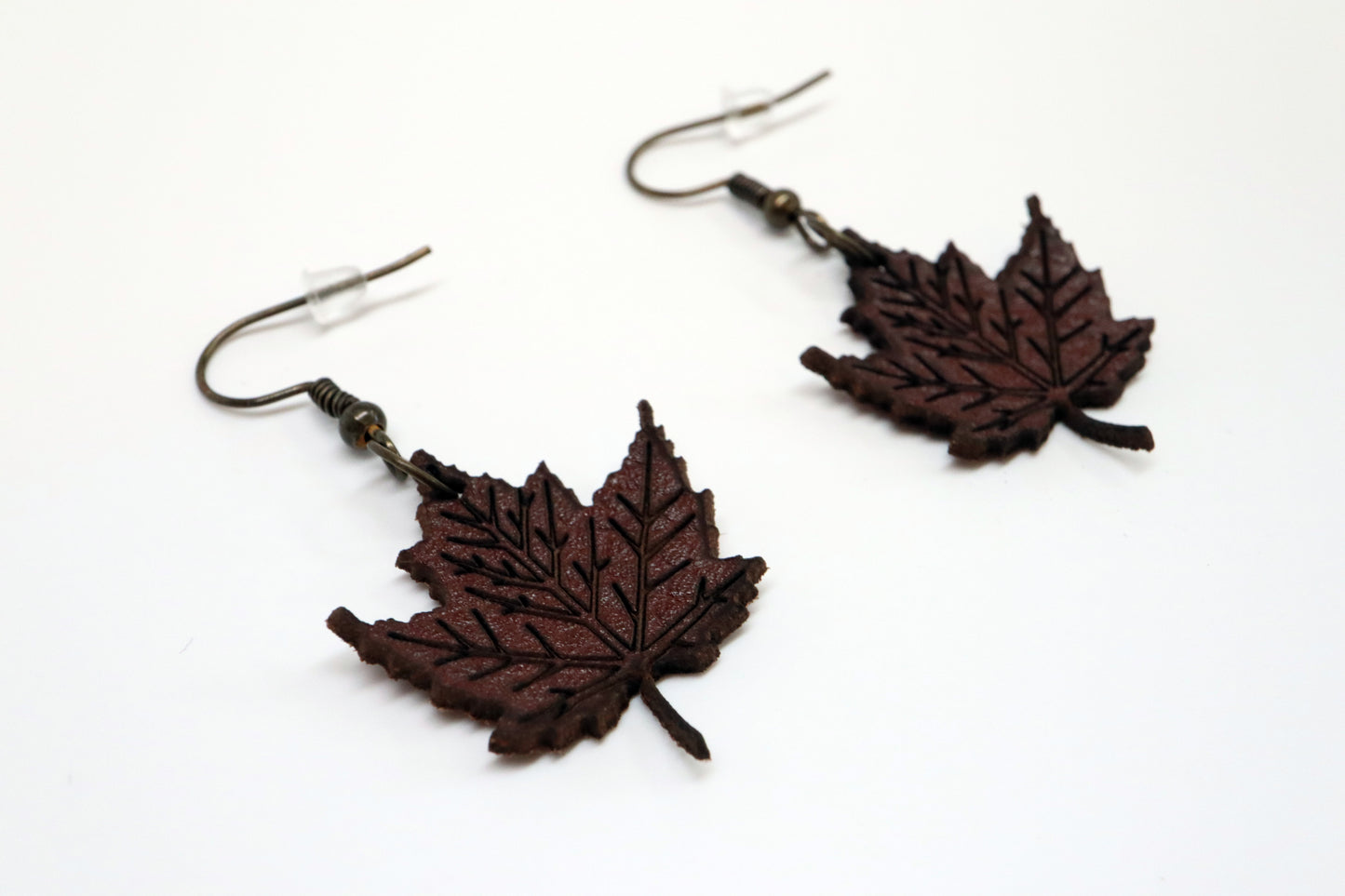 Dark Brown Faux Leather Maple Leaf Earrings