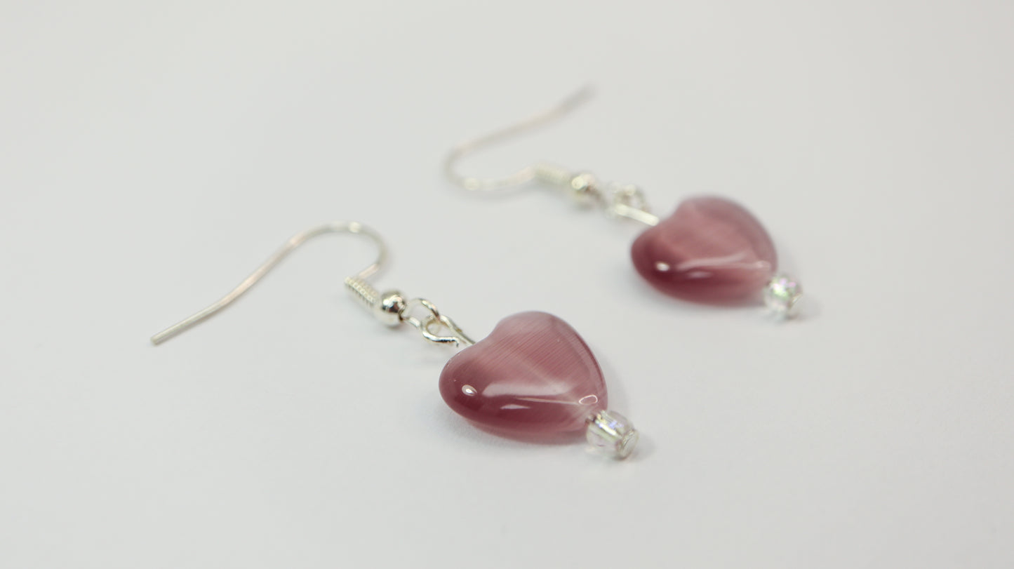 Heart Shaped Purple or Pink Cat's Eye Glass Bead Earrings