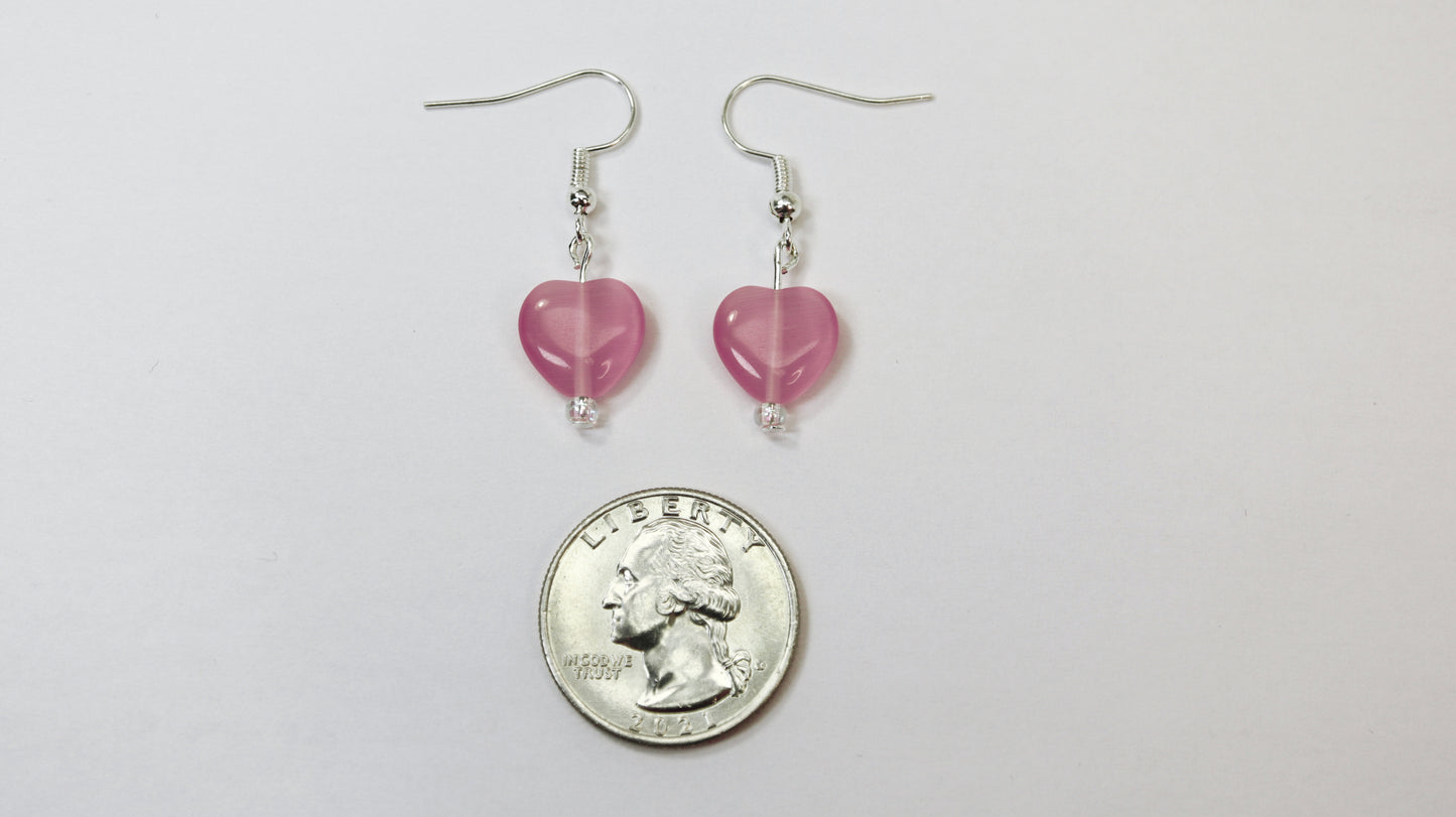 Heart Shaped Purple or Pink Cat's Eye Glass Bead Earrings