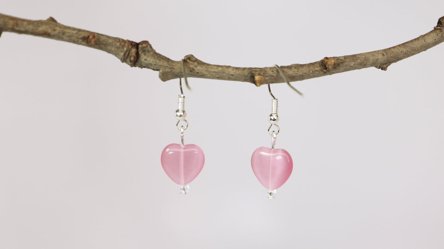 Heart Shaped Purple or Pink Cat's Eye Glass Bead Earrings