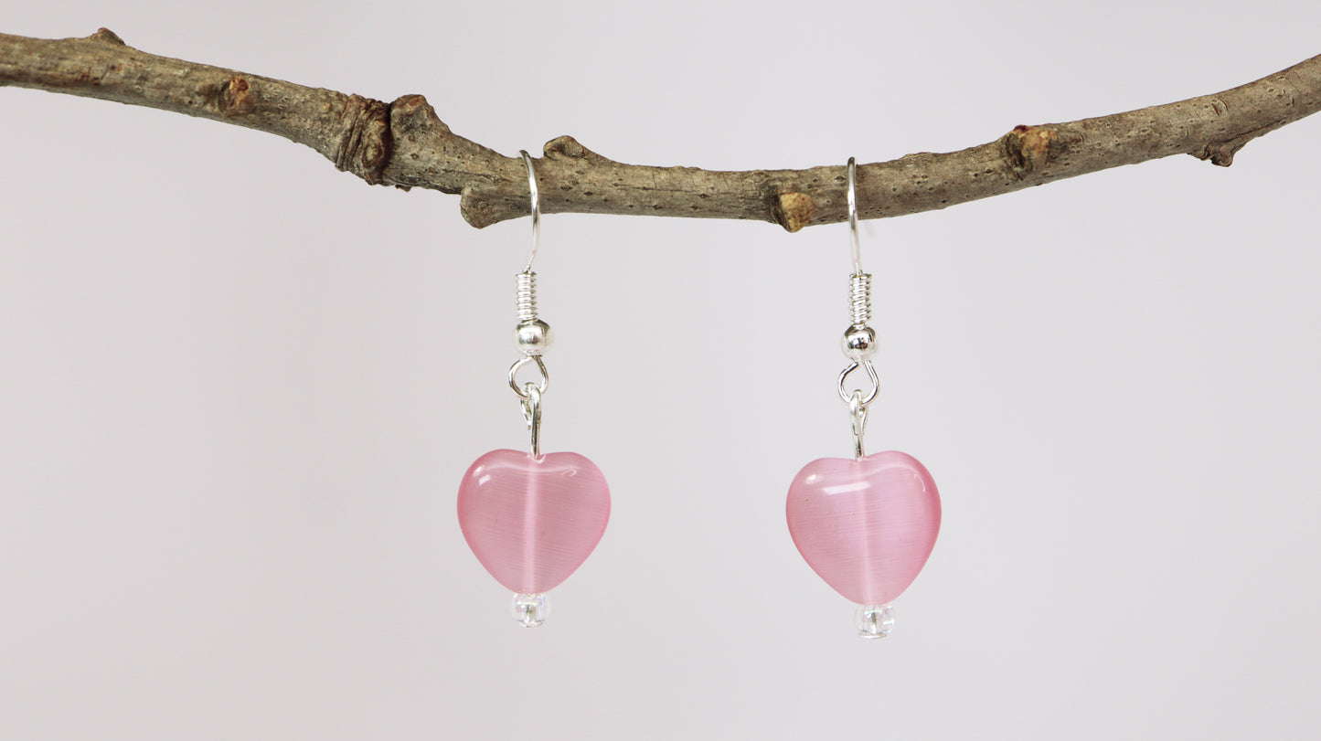Heart Shaped Purple or Pink Cat's Eye Glass Bead Earrings