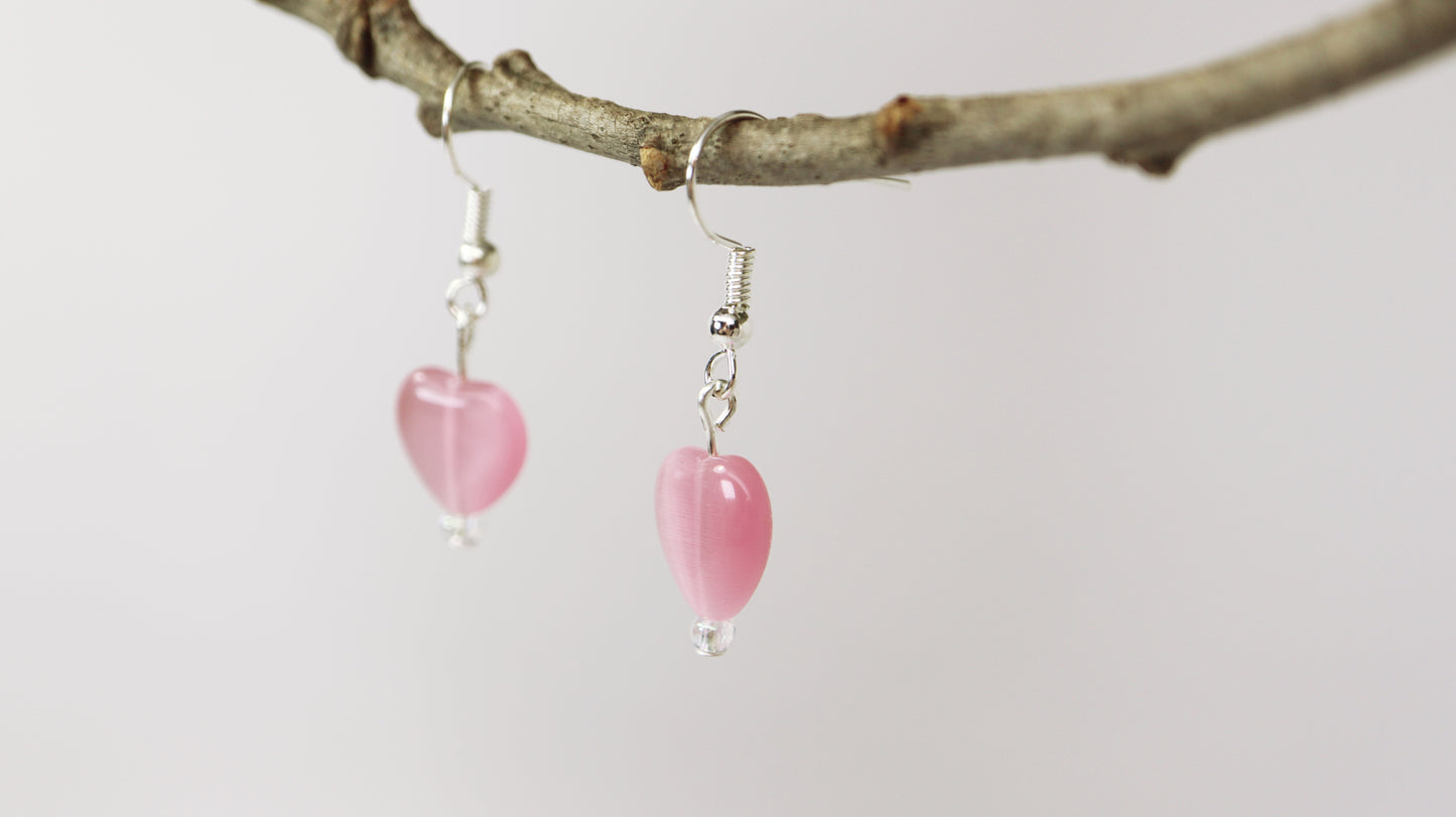 Heart Shaped Purple or Pink Cat's Eye Glass Bead Earrings