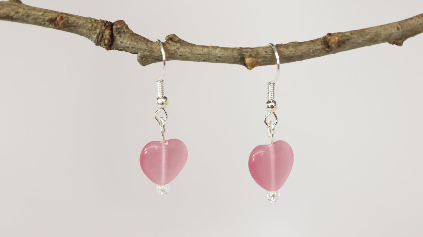 Heart Shaped Purple or Pink Cat's Eye Glass Bead Earrings