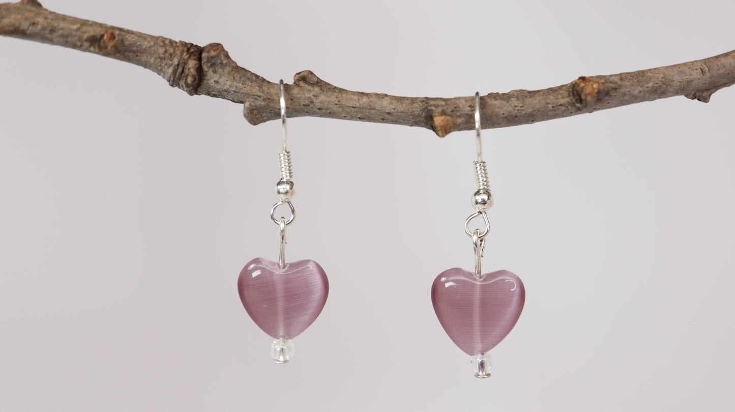 Heart Shaped Purple or Pink Cat's Eye Glass Bead Earrings