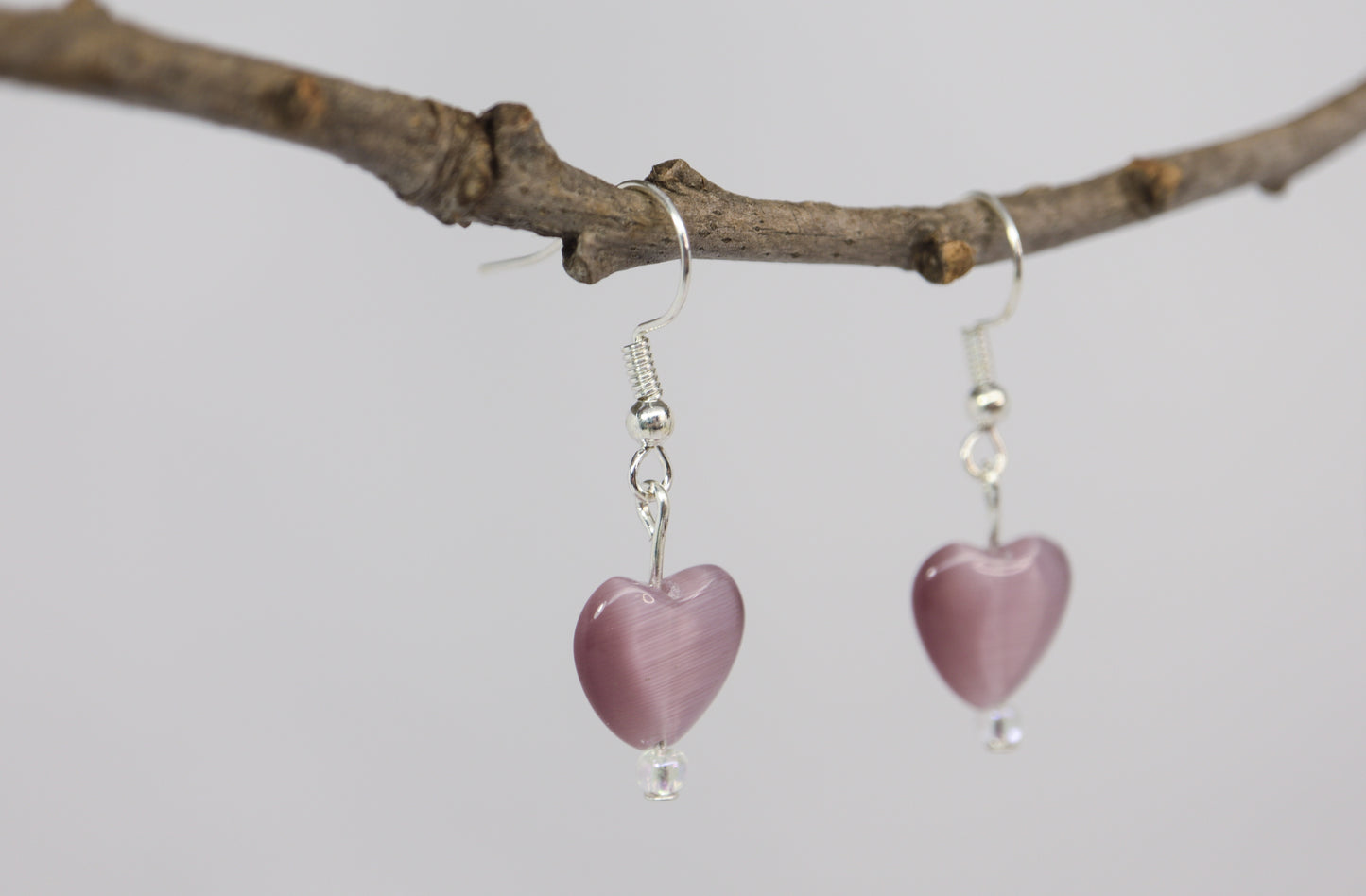 Heart Shaped Purple or Pink Cat's Eye Glass Bead Earrings