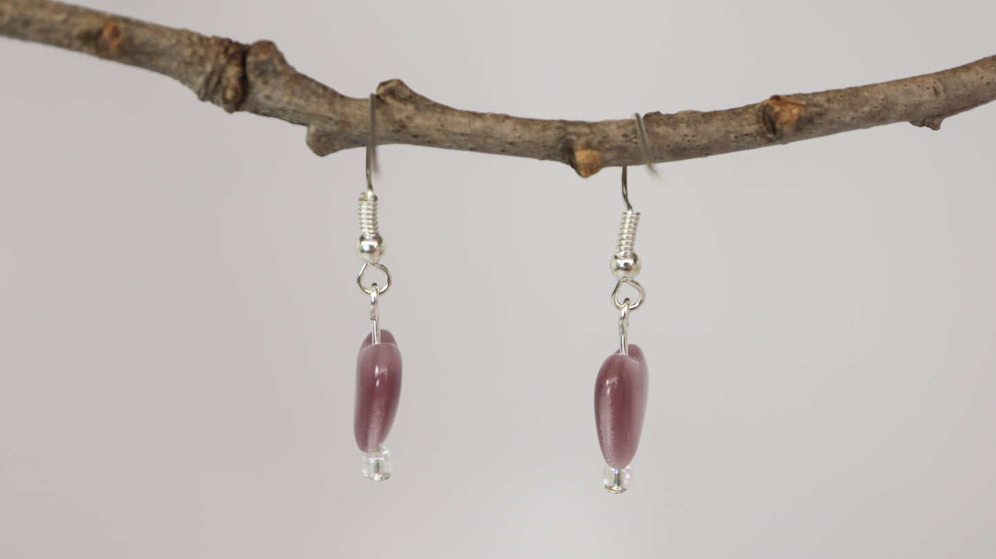 Heart Shaped Purple or Pink Cat's Eye Glass Bead Earrings
