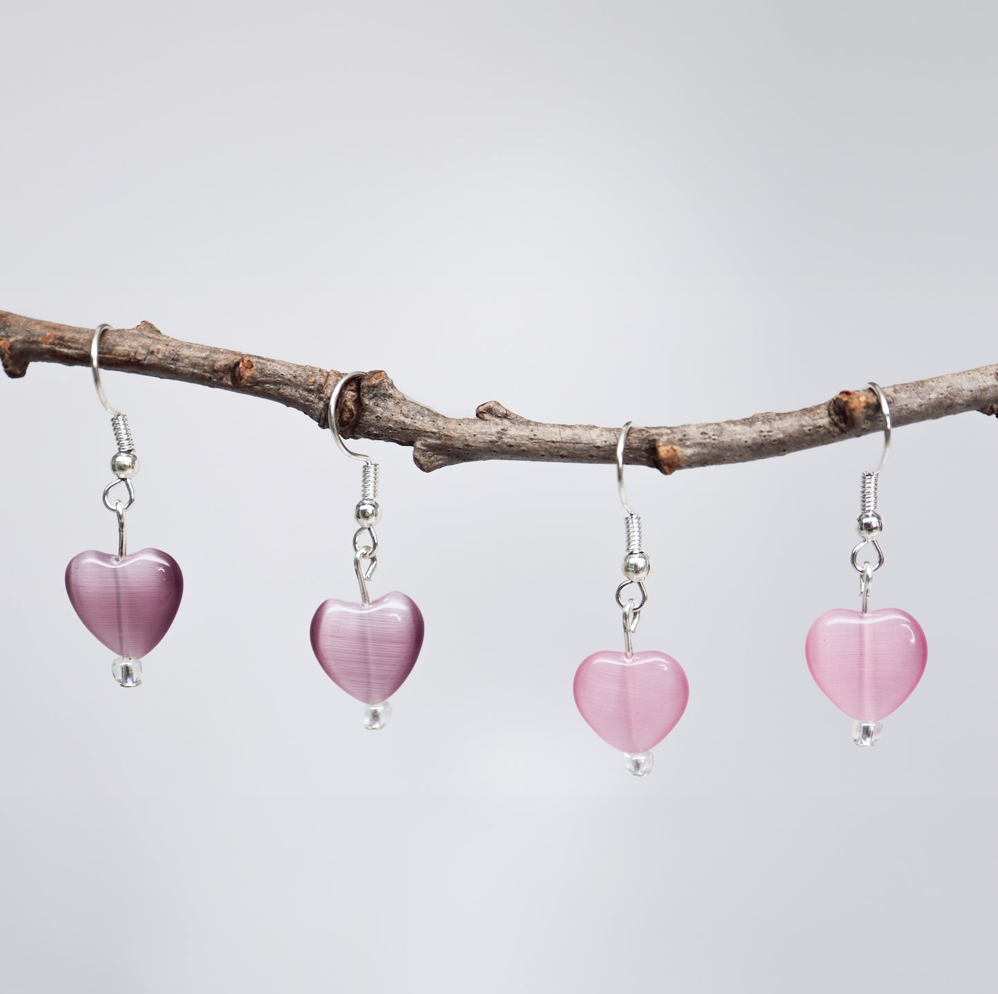 Heart Shaped Purple or Pink Cat's Eye Glass Bead Earrings