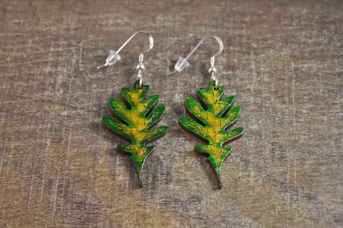 Green Oak Leaf Dangle Earrings