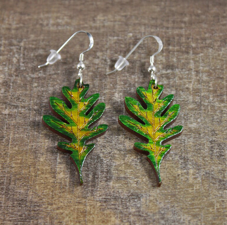 Green Oak Leaf Dangle Earrings