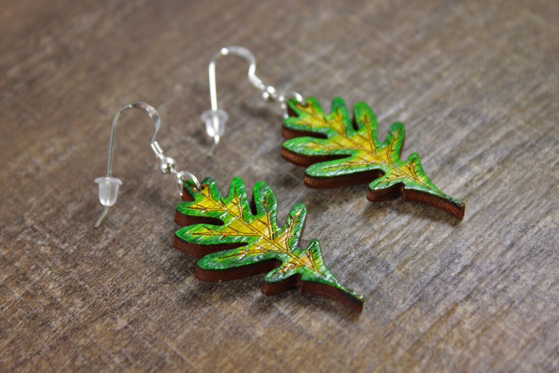 Green Oak Leaf Dangle Earrings