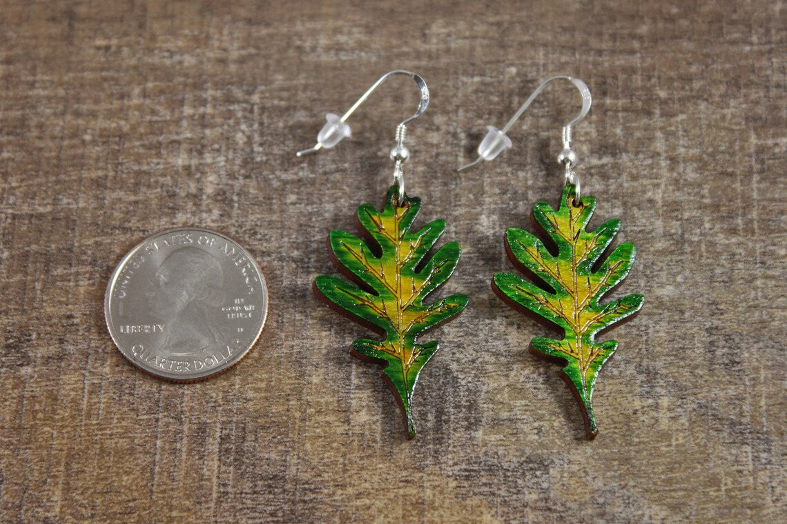 Green Oak Leaf Dangle Earrings