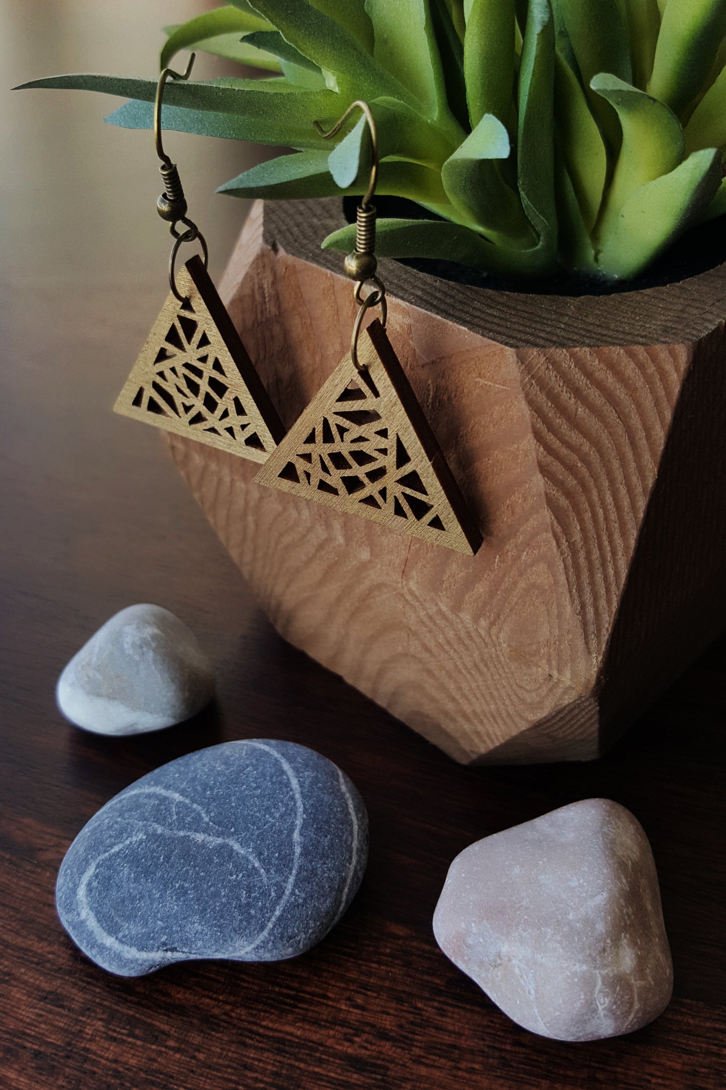 Wooden Gold Triangle Dangle Earrings