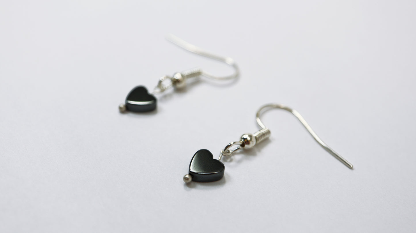 Small Black Hematite Heart Earrings